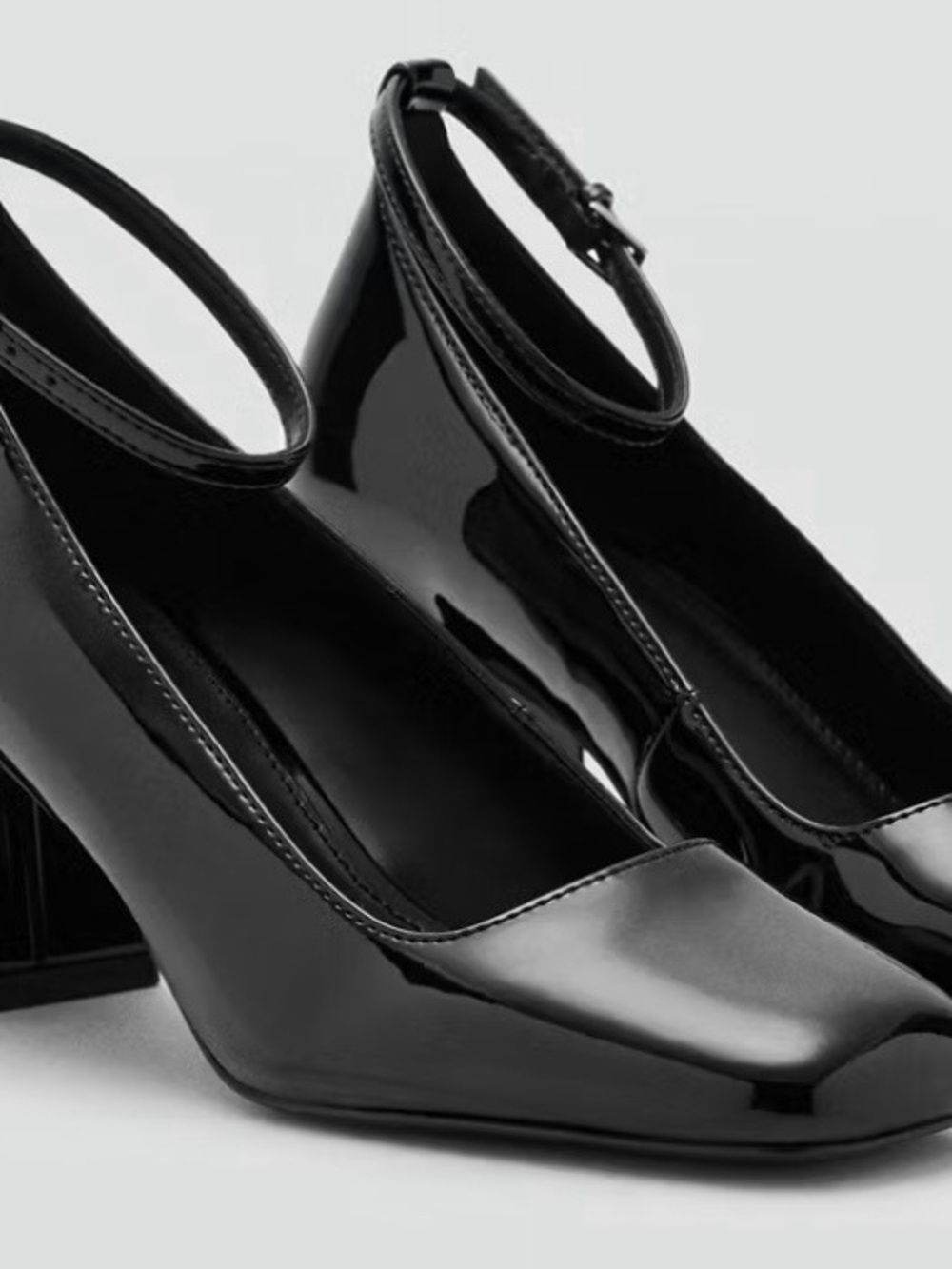 Mango Black Patent Ankle-Strap Block-Heel Pumps